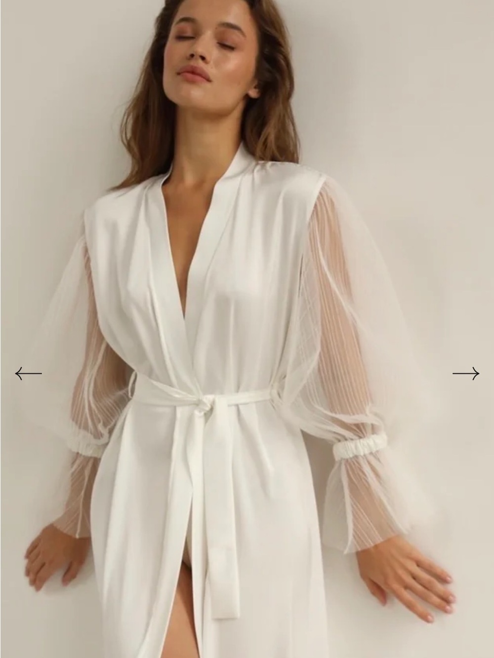 Sheer Pleated-Sleeve Satin Tie-Waist Robe — White